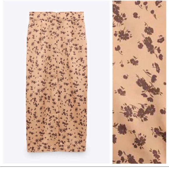 Zara gold / brown floral satin midi skirt with side slit - Picture 10 of 13